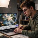 How Does Midjourney Work? AI Image Generation Explained A person creating AI art with a text prompt on a laptop