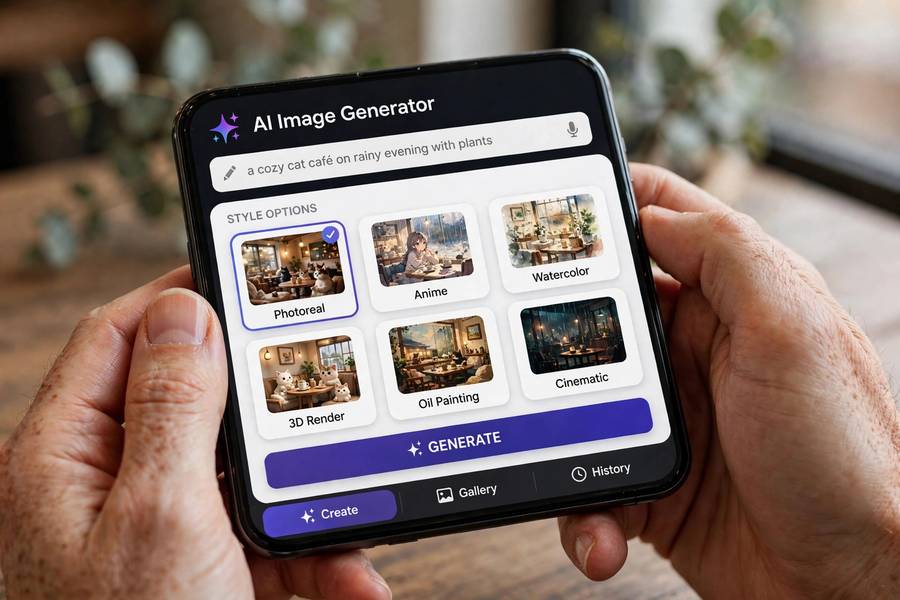 An AI image generator app with style options on a smartphone