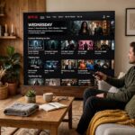How Does Netflix's Recommendation Algorithm Work? TV showing personalized Netflix-style recommendation rows in a living room