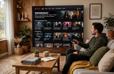 TV showing personalized Netflix-style recommendation rows in a living room