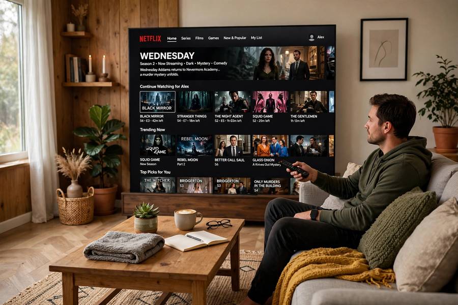 TV showing personalized Netflix-style recommendation rows in a living room