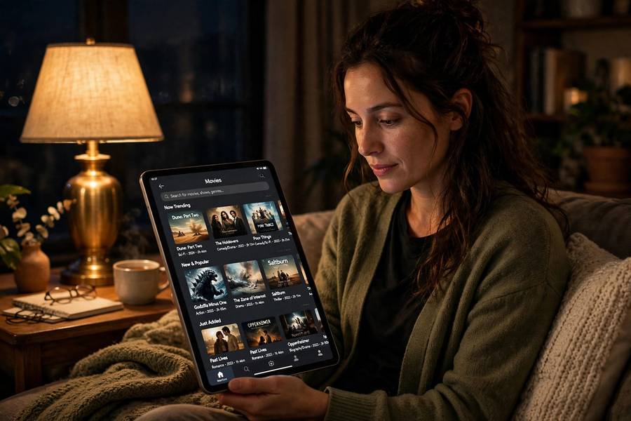 Person browsing personalized movie recommendations on a tablet at night