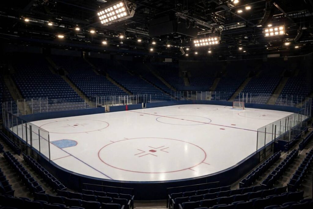 Empty ice hockey rink under arena lights before a game, no people