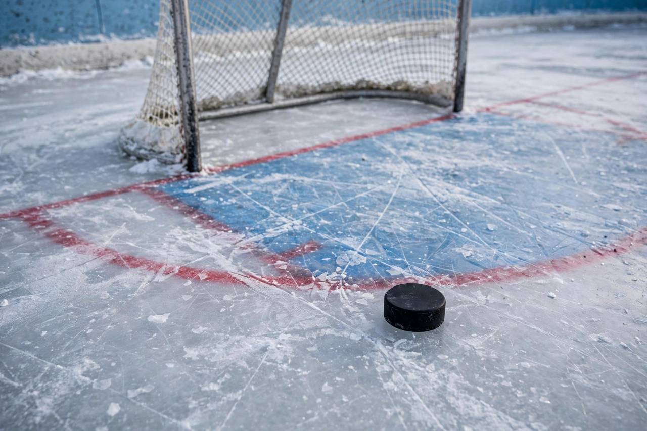 Hockey puck on ice near the goal crease, no people