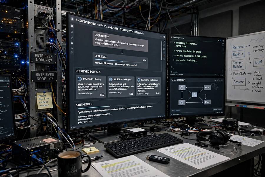 A behind-the-scenes view of an answer engine retrieving and synthesizing sources