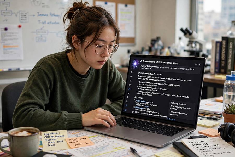 A researcher using an AI answer engine for deep investigation