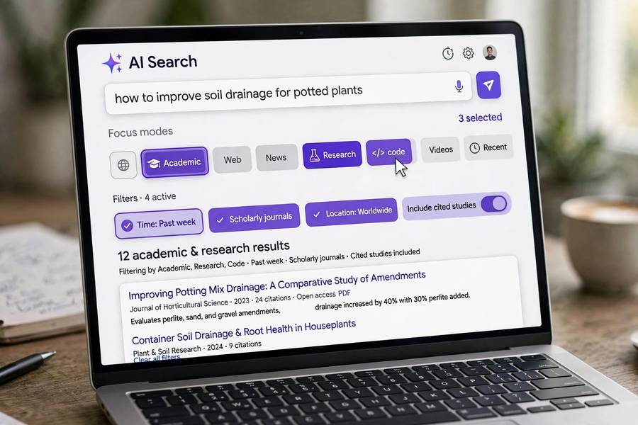 Search focus options being selected in an AI search interface