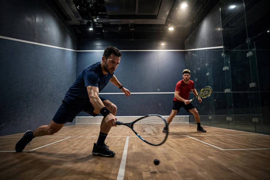 Photorealistic action shot of two squash players mid-rally, one lunging for a low ball, dramatic court lighting