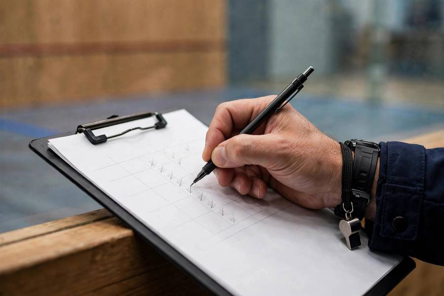 Photorealistic close-up of a referee's hand marking score on a clipboard beside a squash court