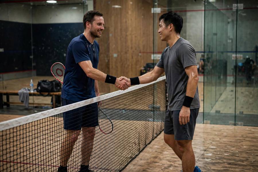 Photorealistic photo of players shaking hands over the net line after a tight five-game squash match