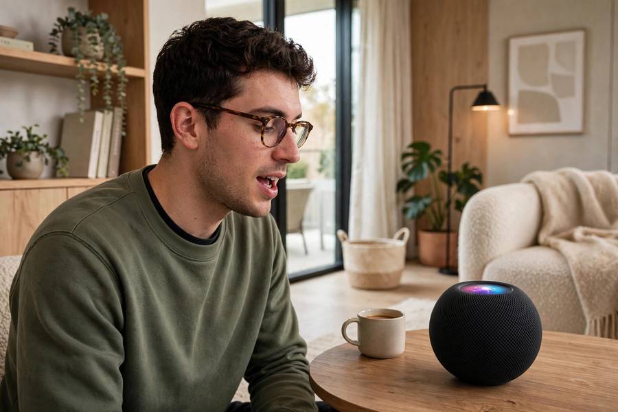 A user asking Siri a question through a HomePod smart speaker