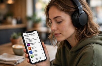 Person listening to a personalized weekly music playlist with headphones
