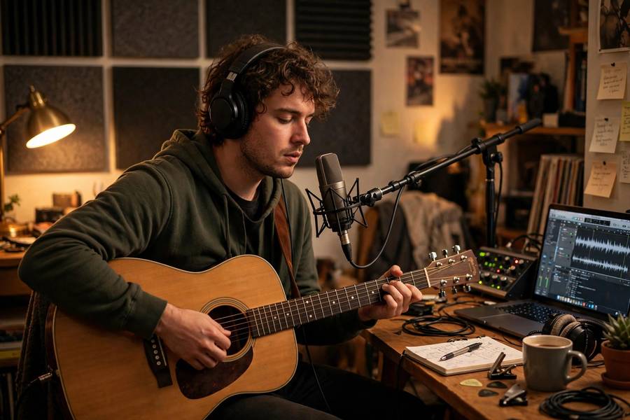 Musician recording in a home studio