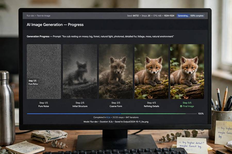 AI image generation progressing from noise to a clear picture on screen