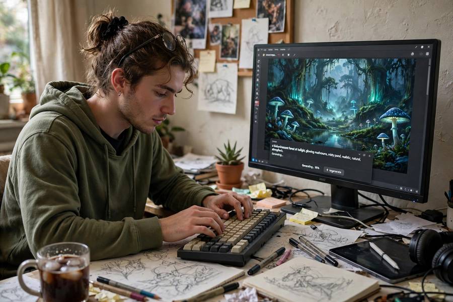 A digital artist typing a prompt beside generated artwork