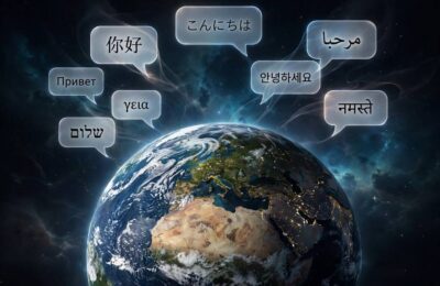 Globe with multilingual speech bubbles showing how text to speech handles different languages