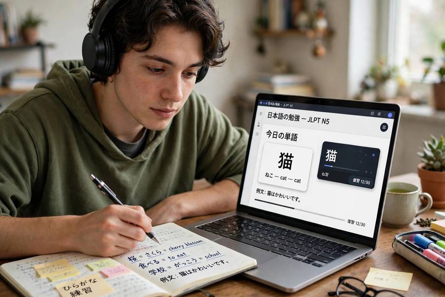 Language learner listening to Japanese text to speech pronunciation