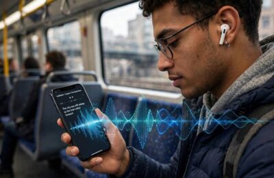 A commuter listening to text-to-speech audio on wireless earbuds