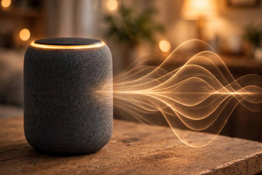 A smart speaker producing text-to-speech audio at home