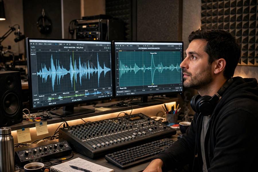 A sound engineer viewing speech waveforms in a studio