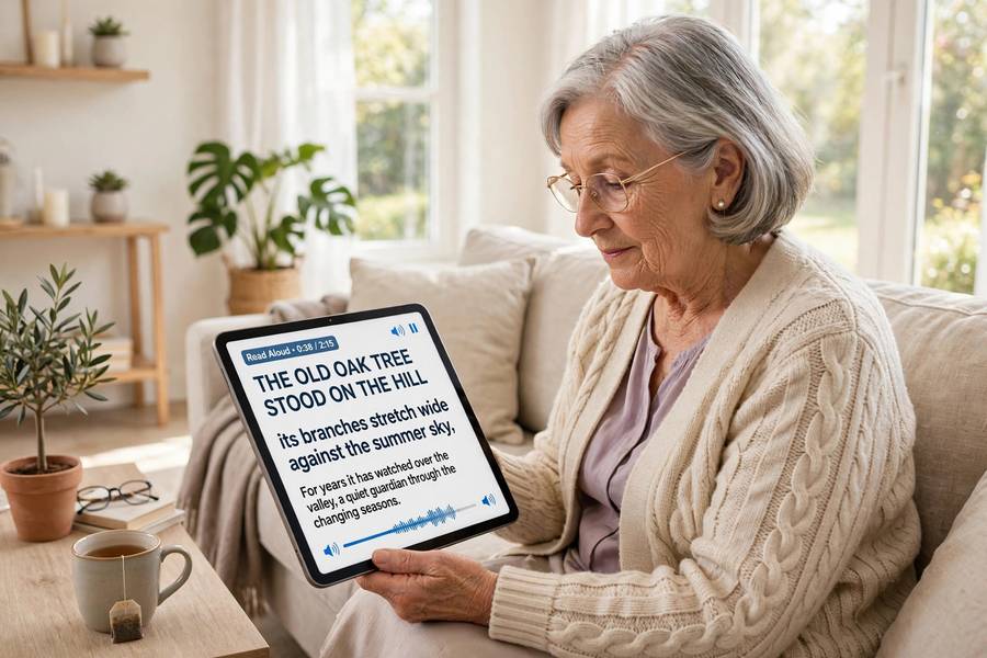 An elderly person using text-to-speech accessibility on a tablet