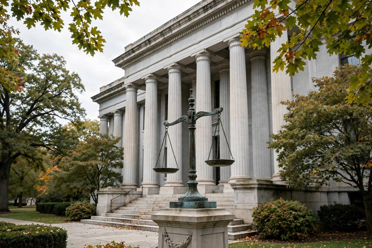 Classical courthouse columns with scales of justice statue