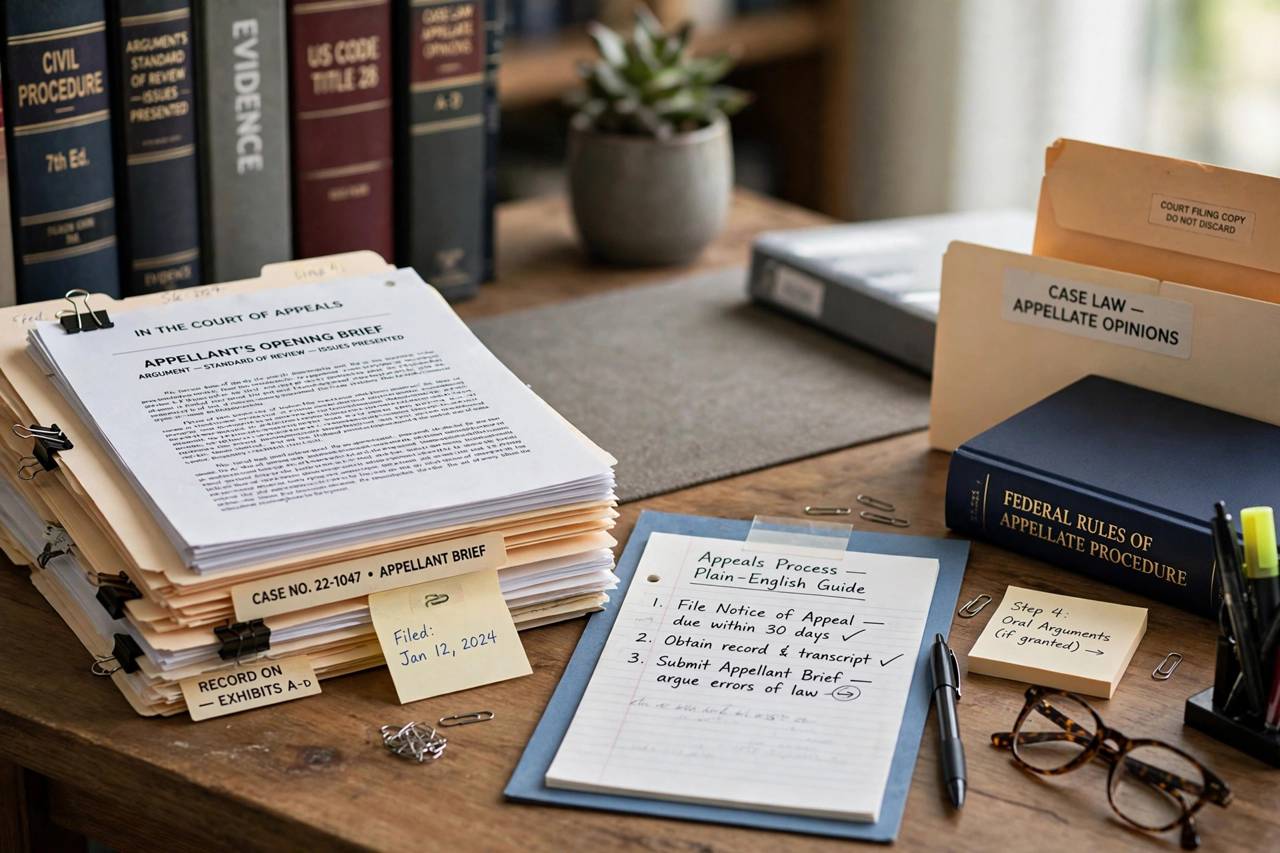 Stack of legal briefs and case files on a lawyer desk
