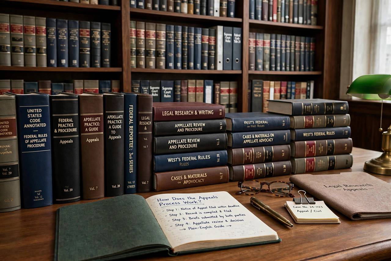 Law library shelves filled with legal reference books