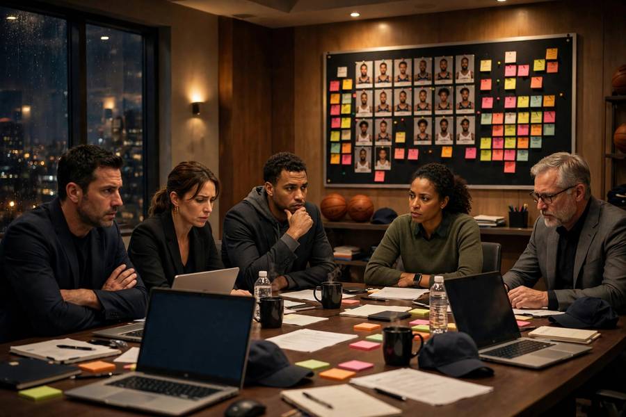 Team war room deciding picks showing how the NBA draft works