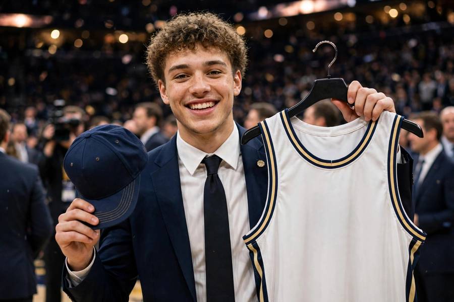 Draftee holding his new jersey after learning how the NBA draft works