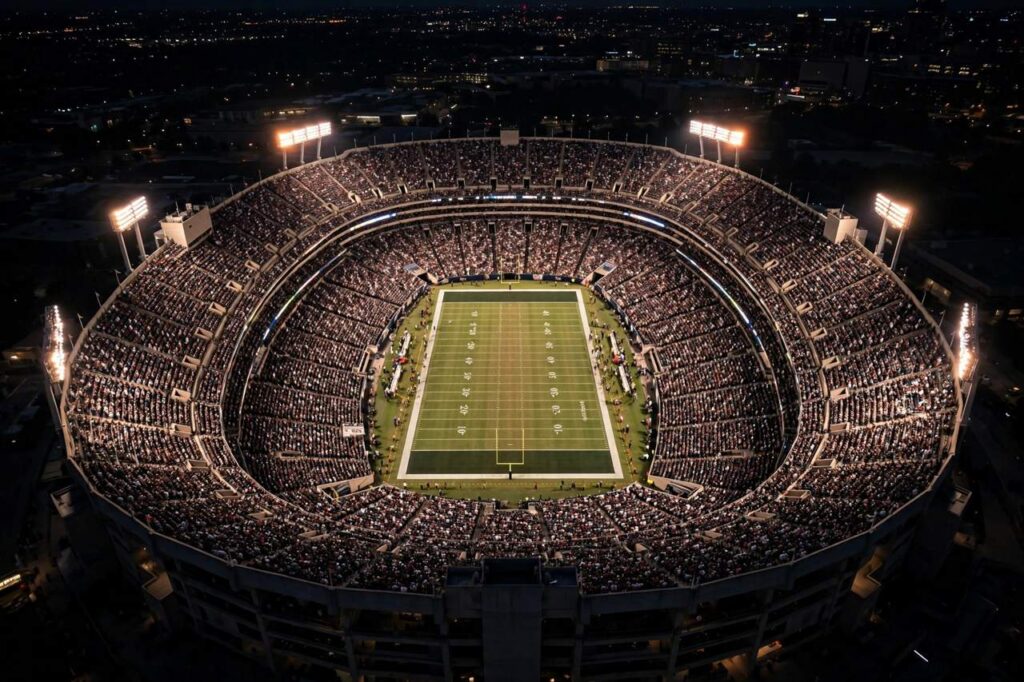 A football stadium lit up at night during a major game