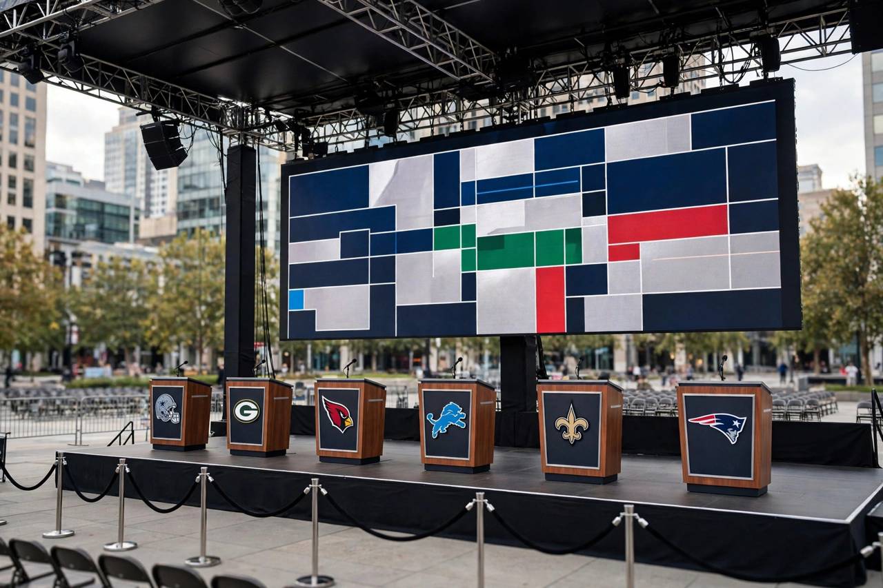 An NFL draft stage with team logos and a large screen showing a draft pick announcement