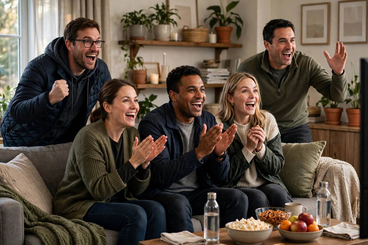 Football fans reacting in excitement during a televised draft pick announcement