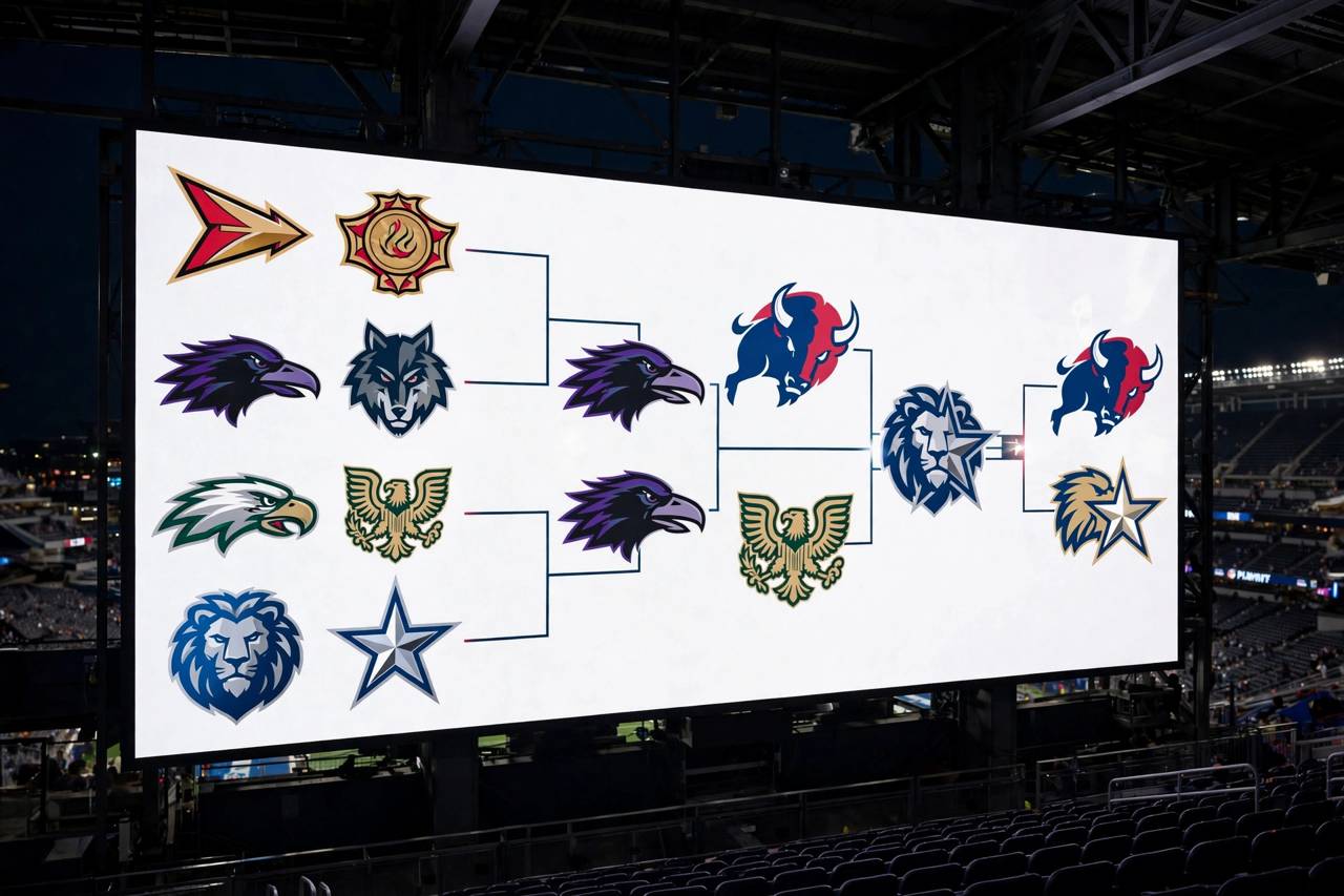 NFL playoff bracket graphic displayed on a large stadium screen with team logos