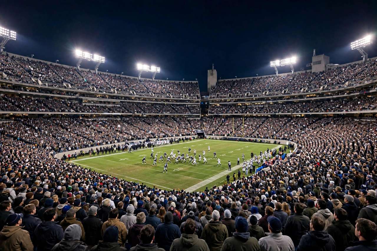 Football stadium packed with fans during an NFL playoff game under bright lights at night