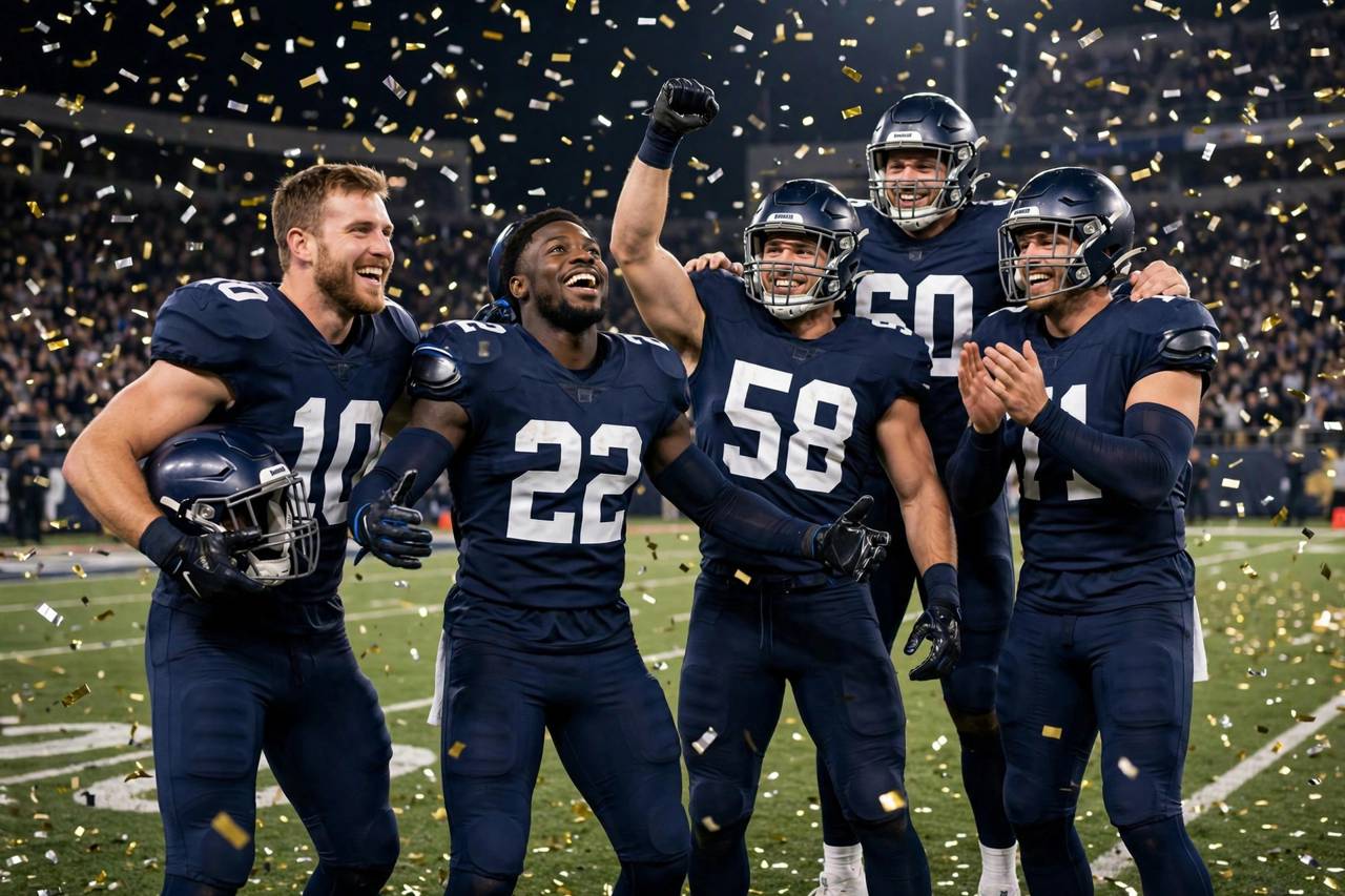 NFL players celebrating on the field with confetti falling after winning a playoff game