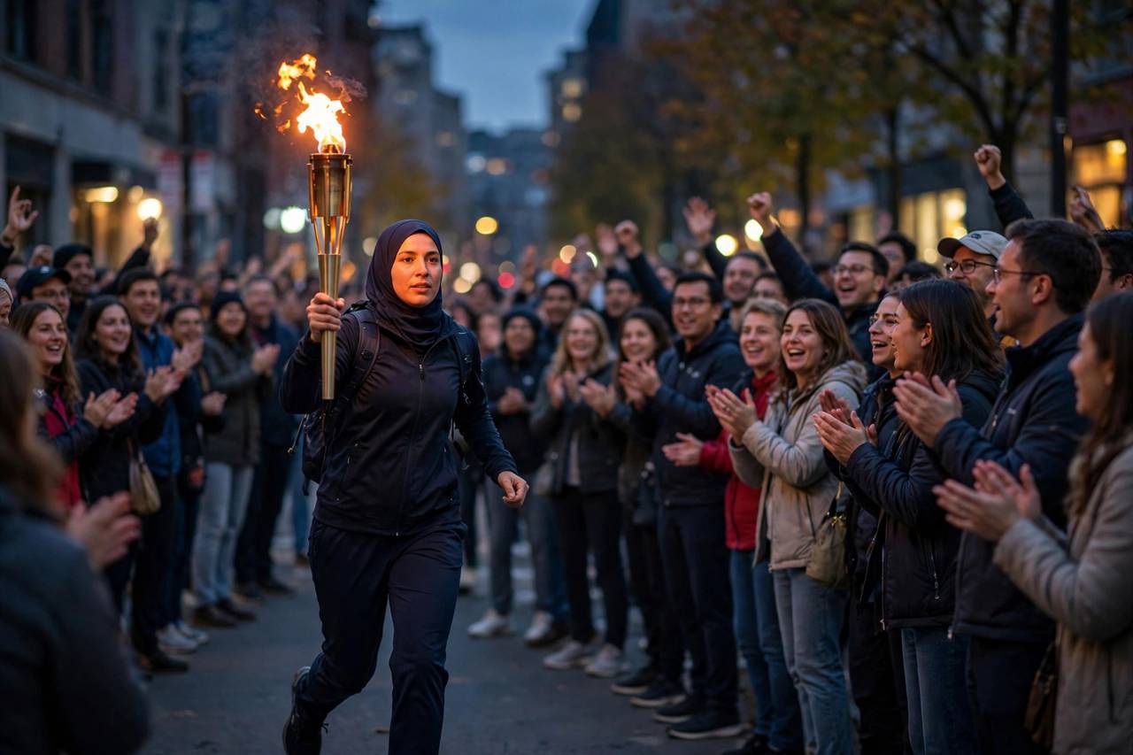 Torchbearer in athletic wear carrying the lit Olympic torch through a cheering crowd at dusk