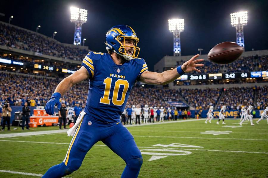 Quarterback throwing a pass under Super Bowl stadium lights
