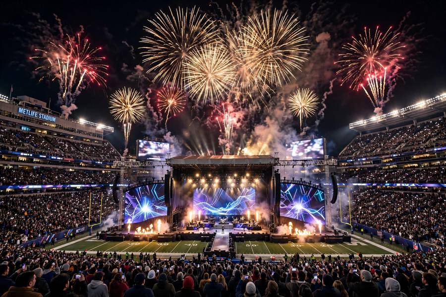 Super Bowl halftime show with fireworks and stage lights