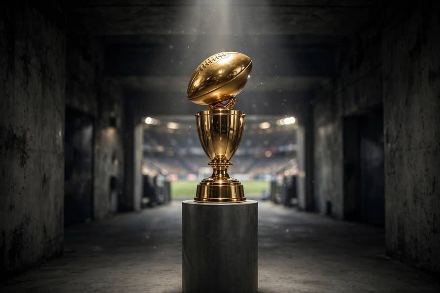 Golden football trophy gleaming on a pedestal in a stadium before the final