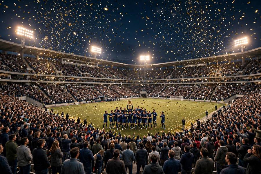 Packed stadium with confetti falling during a trophy celebration