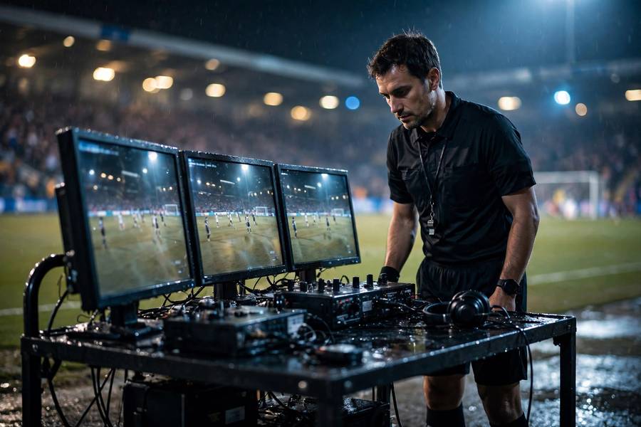 Referee consulting the pitch-side VAR monitor during a big match