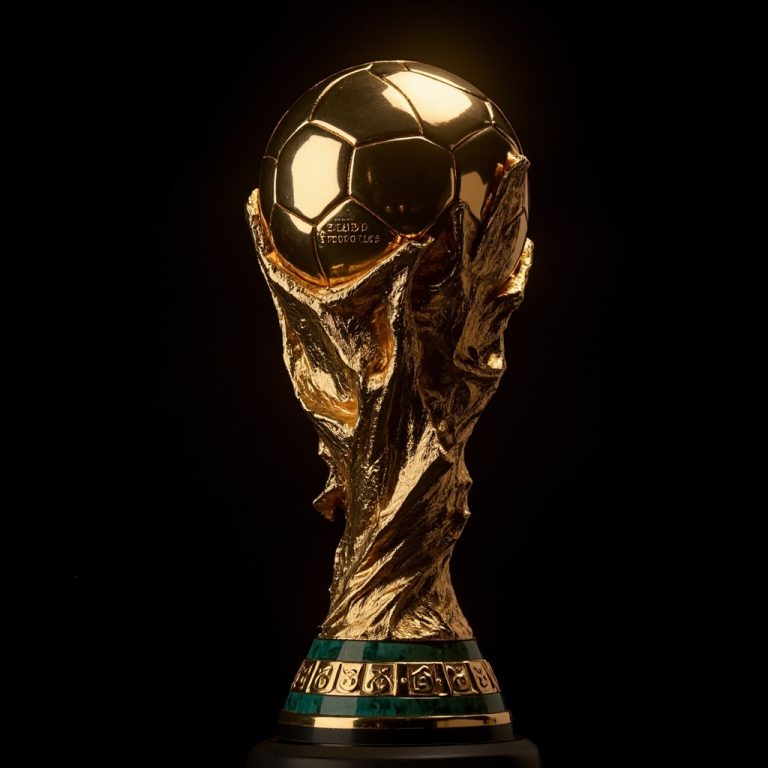 Close-up of a golden international football trophy