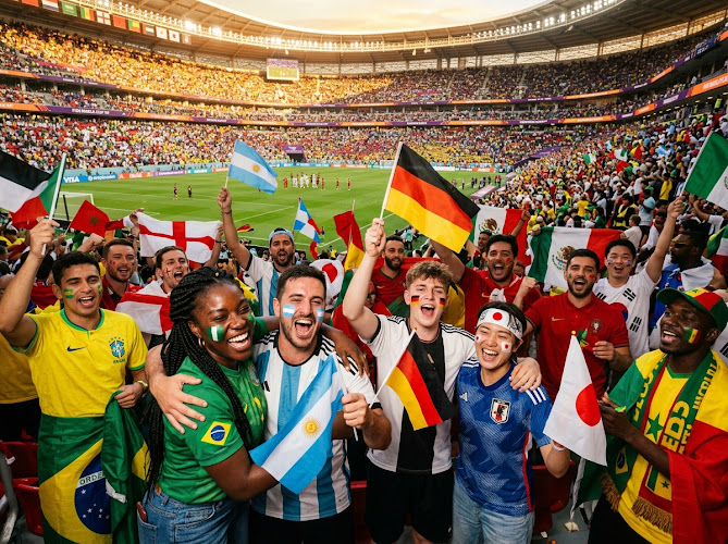 Football fans celebrating with national flags in the stands