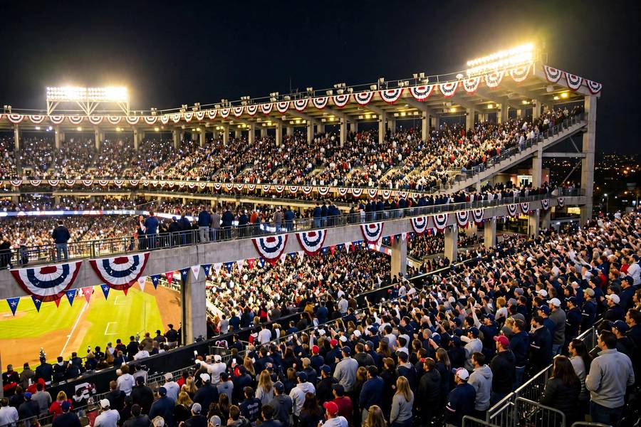 World Series atmosphere in a packed baseball stadium