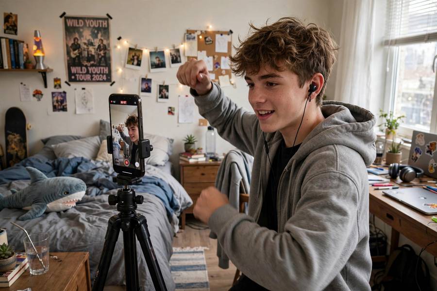 Teenager filming a short video for a recommendation-driven platform
