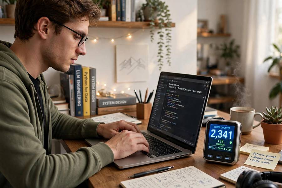 A laptop showing a token counter increasing as someone types