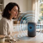 How Does Voice Recognition Work? From Sound Waves to Siri Person using voice recognition with a smart speaker in the kitchen