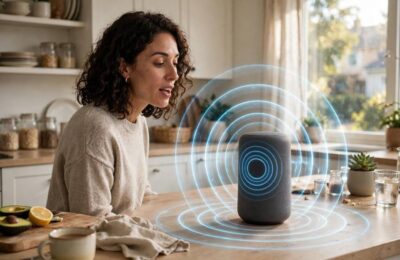 Person using voice recognition with a smart speaker in the kitchen