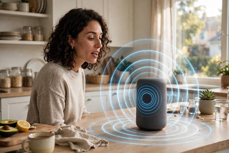 Person using voice recognition with a smart speaker in the kitchen